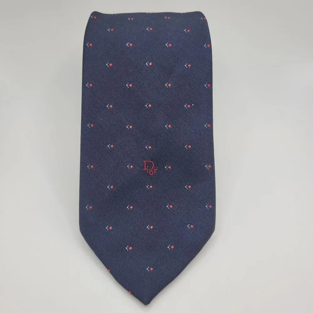 Christian Dior Tie Blue Geometric Silk Blend Logo Necktie USA Classic Designer